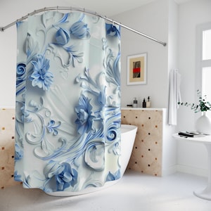 rideau de douche floral bleu | Décoration de salle de bain en polyester bleu Bloom Delight aspect 3D