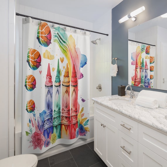 Kids Crayon Basketball Shower Curtain: Floral Whimsical Bathroom Decor