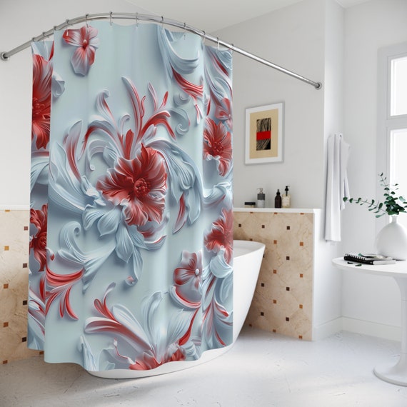 Chic 3D Red Floral Shower Curtain | Cozy Bathroom Decor | Floral Bathroom Décor | Shower Curtain Bathroom Set