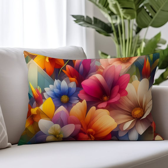 Abstract Floral Lumbar Pillow: Vibrant Blooms, Double Sided Print (20x14 in)