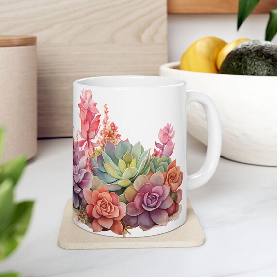 Watercolor Succulent Garden Mug: Botanical Coffee Cup, Plant Lover Gift