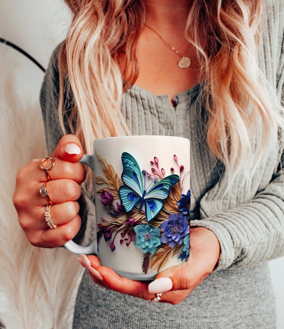 Blue Butterfly Floral Ceramic Mug: Cottagecore Coffee Cup