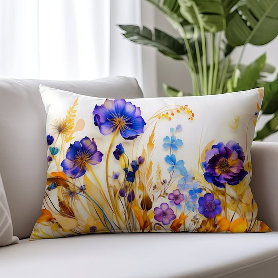 Blue Wildflower Lumbar Pillow: Vintage Floral Art, Double-Sided Print