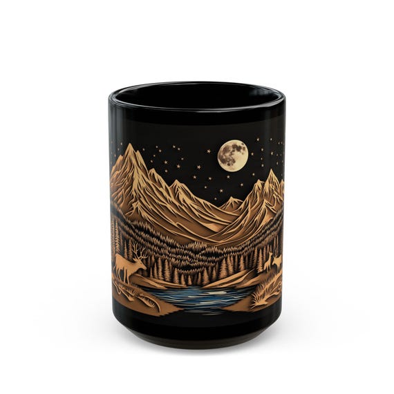 Moonlit Wilderness Coffee Mug: Starry Forest Scene