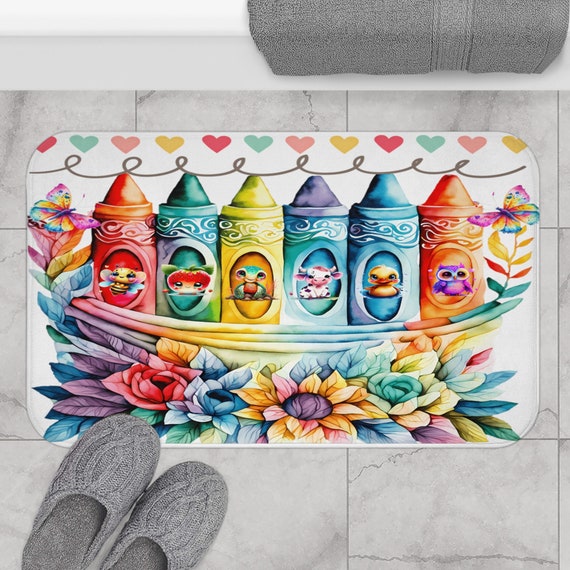 Cute Animal Crayons Floral Bath Mat | Floral Bathroom Decor | Kids Bathroom Decor | Kids Bath Floor Mat | Bathroom Shower Set For Kids