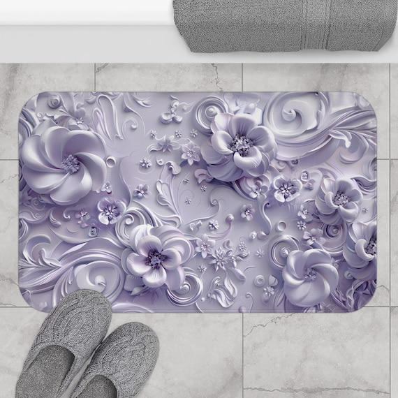 Lavender Blossom Elegance 3D Look Floral Bath Mat | Floral Bathroom Decor | Aesthetic Microfiber Kitchen Floor Mat