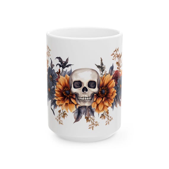 Floral Skull Ceramic Coffee Mug: Gothic Halloween Tea Cup (15oz)