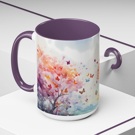 Butterfly Flight in Autumn Trees Mug, Watercolor Art Coffee Cup, Gift for Nature Lovers