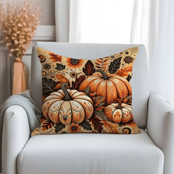 Pumpkin Floral Pillow Cover: Autumn Boho Chic Home Decor