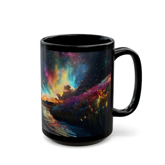 Cosmic Horizon Northern Lights Mug, Aurora Borealis Meadow Coffee Cup, Galaxy Sky Nature Gift