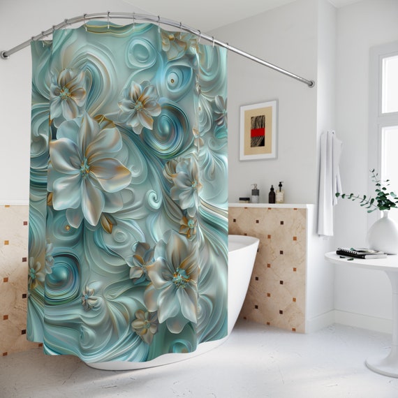 Floral Shower Curtain: Light Blue 3D White Flower Polyester Bathroom Decor