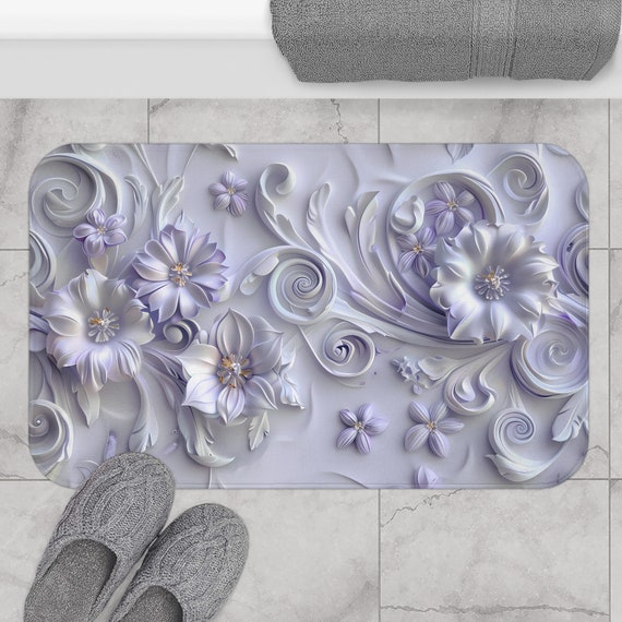 Lavender Flower 3D Look Bath Mat | Floral Bathroom Decor | Aesthetic Microfiber Kitchen Floor Mat