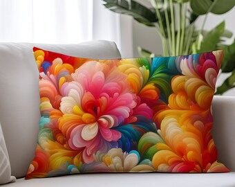 Abstract Floral Lumbar Pillow: Colorful Blossom Art, 20x14 Home Decor