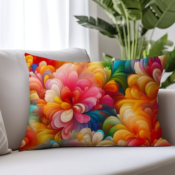 Abstract Floral Lumbar Pillow: Colorful Blossom Art, 20x14 Home Decor