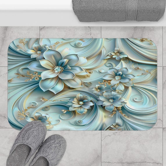 3D Blue Flower Bath Mat: Tranquil Floral Bathroom Decor