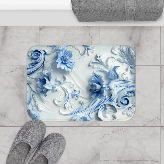 Blue Bloom Delight 3D Floral Bath Mat | Floral Bathroom Decor | Aesthetic Microfiber Kitchen Floor Mat