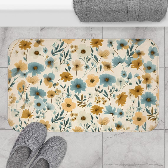 Retro Wildflowers Bath Mat | Floral Bathroom Decor | Aesthetic Microfiber Kitchen Floor Mat
