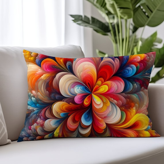 Abstract Rainbow Flower Lumbar Pillow: Double-Sided Art, 20x14