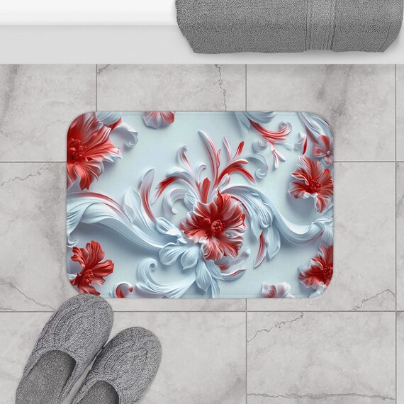 Chic 3D Red Floral Bath Mat | Cozy Bathroom Decor | Stylish Microfiber Floor Mat | Floral Bathroom Decor | Botanical Bath Decor