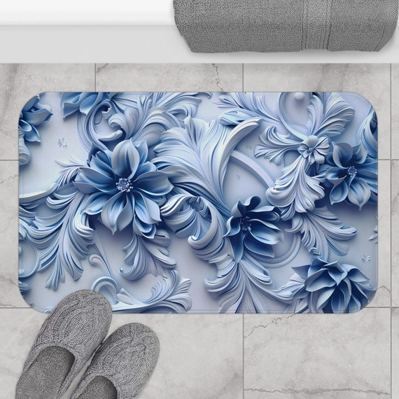 Blue Floral 3D Look Bath Mat | Floral Bathroom Decor | Botanical Bath Decor | Aesthetic Microfiber Kitchen Floor Mat