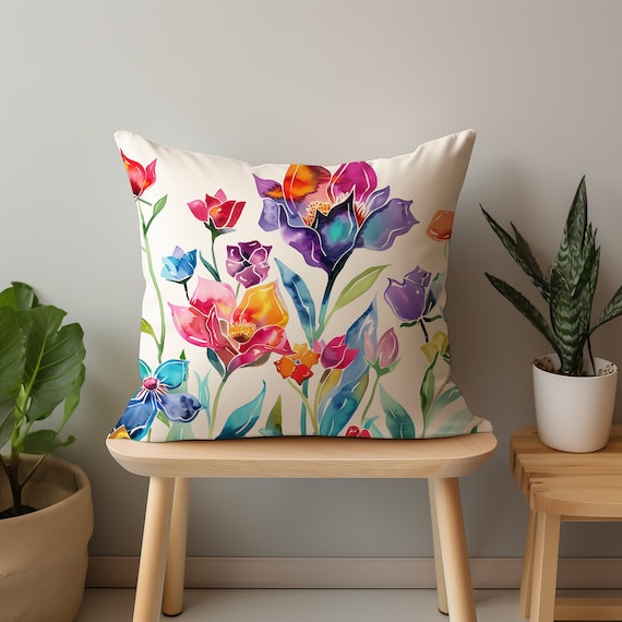Watercolor Wildflower Meadow Pillow: Floral Art Throw Pillow