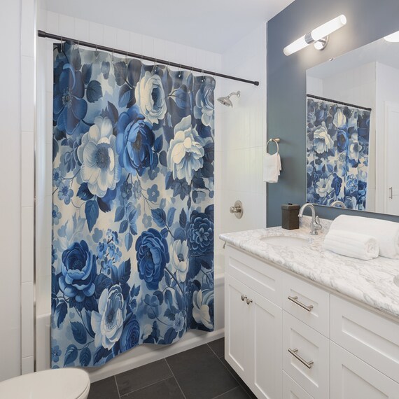 Blue White Floral Shower Curtain | Floral Bathroom Decor | Shower Curtain Bath Set | Flower Garden Bath Mat