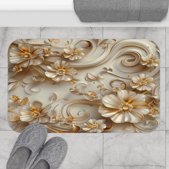 Golden Floral Memory Foam Bath Mat: Elegant Bathroom Decor