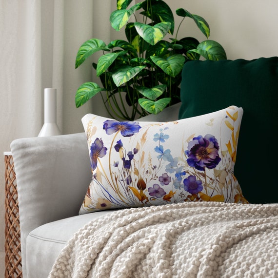 Blue Wildflower Lumbar Pillow: Vintage Floral Home Decor