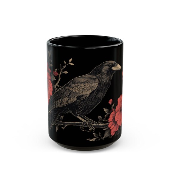 Red Floral Gothic Raven Mug: Medieval Art Tea Cup