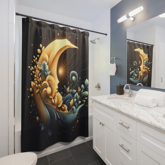 Abstract Half Moon Half Sun Floral Shower Curtain - Boho Bathroom Decor, Fabric Bath Curtain, Unique Home Decoration, Nature Inspired Gift