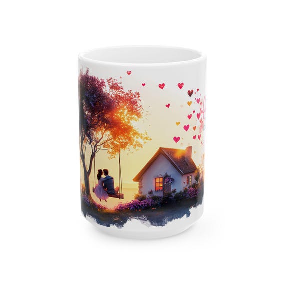Love Story Mug, Romantic Sunset Swing Cup, Cottagecore Mug, Cozy Cottage Tea Cup, Cute Couple Coffee Cup, Anniversary Gift, Romantic Gift