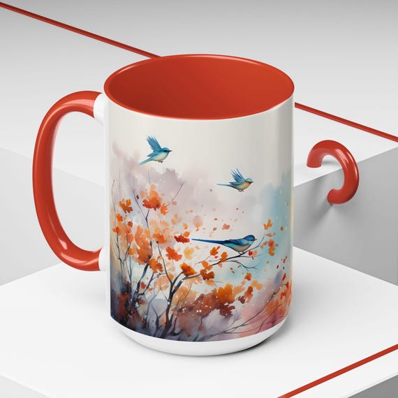 Bluebirds Autumn Mug: Watercolor Fall Trees Coffee Cup