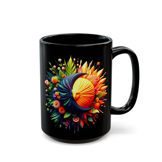 Celestial Bloom Coffee Mug: Sun and Moon Floral Design