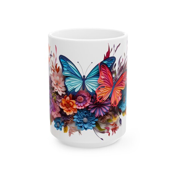 Colorful Flowers and Butterflies Mug | Artistic Butterflies Mug | Butterflies Floral Mug, | Nature Mug | Gifts For Her