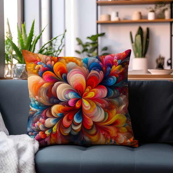 Abstract Rainbow Flower Pillow: Double-Sided Art Throw Pillow