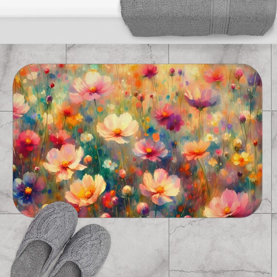 Wildflower Garden Bliss Bath Mat | Floral Bathroom Decor | Aesthetic Microfiber Kitchen Floor Mat | Farmhouse Decor