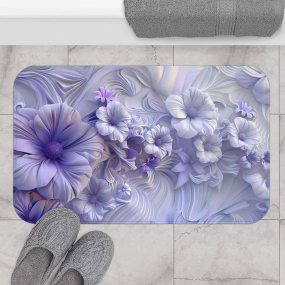 Lavender Blooms 3D Floral Bath Mat | Floral Bathroom Decor | Aesthetic Microfiber Kitchen Floor Mat