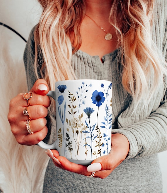 Blue Floral Ceramic Mug: Boho Cottagecore Tea Cup