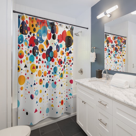 Rainfall Geometric Modern Shower Curtain | Modern Bathroom Decor | Modern Bath Mat Retro Geometric Bathroom Decor