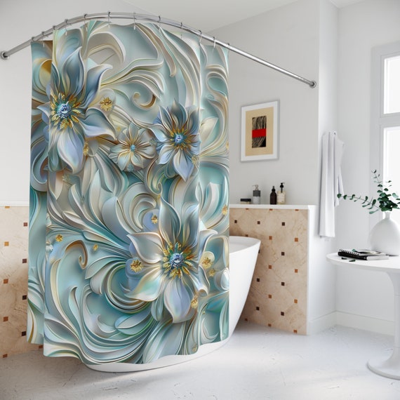 Floral 3D Light Blue Flower Shower Curtain: Polyester Boho Bath Decor