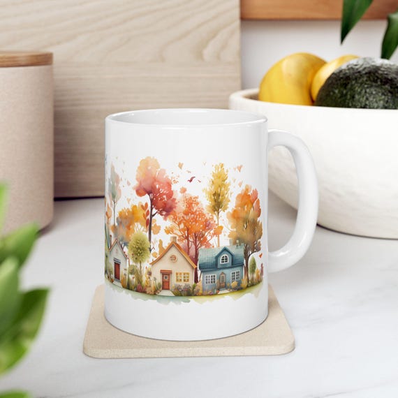 Cottagecore Coffee Mug: Whimsical Autumn Village, Watercolor Houses