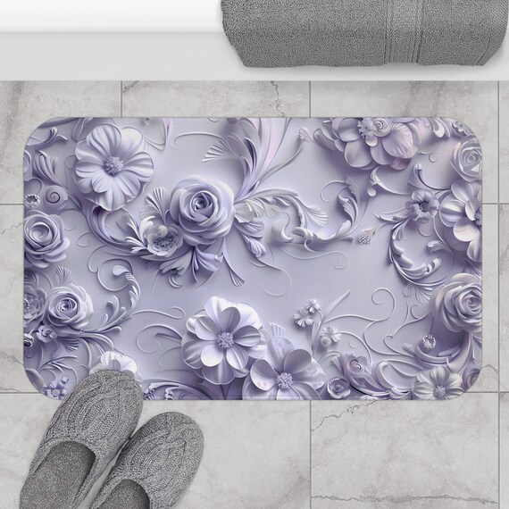 Lavender Serenity 3D Floral Bath Mat | Floral Bathroom Decor | Aesthetic Microfiber Kitchen Floor Mat
