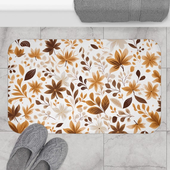 Brown and Tan Floral Leaf Bath Mat | Floral Bathroom Decor | Aesthetic Microfiber Kitchen Floor Mat
