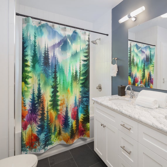 Colorful Vibrant Forest Landscape Shower Curtain | Floral Bathroom Décor | Shower Curtain Bath Set | Flower Garden Bath Mat