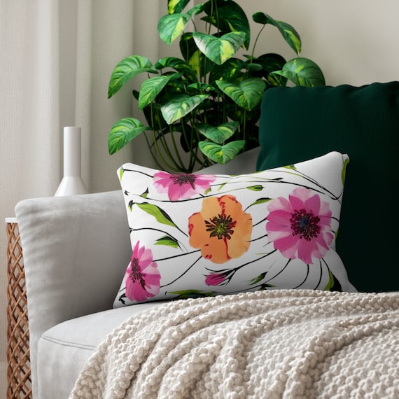 Pink Wildflower Lumbar Pillow: Modern Floral Home Decor