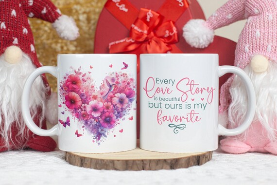 Floral Heart Coffee Mug: Whimsical Birds & Flowers, Love Story Mug