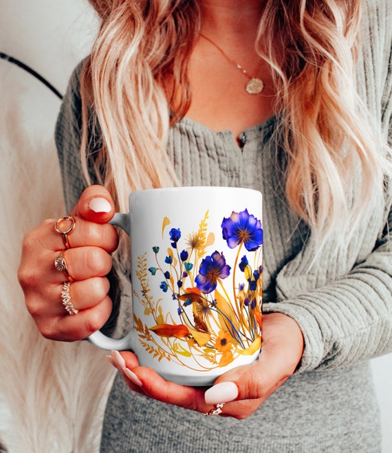 Blue Wildflower Coffee Mug: Vintage Botanical Tea Cup, Garden Gift