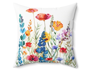 Housse de coussin prairie de fleurs sauvages : coussin décoratif artistique floral