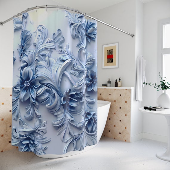 Blue Floral 3D Look Shower Curtain | Floral Bathroom Décor | Shower Curtain Bath Set | Flower Garden Bath Mat
