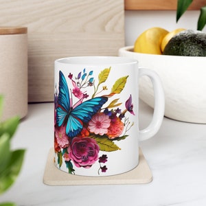 Fluttering Harmony Mug, Butterfly Mug, Nature Lover Mug, Flower Mug, Mug Gift, Gift for Mom, Gift for Friends, Tea Mug, Floral Mug